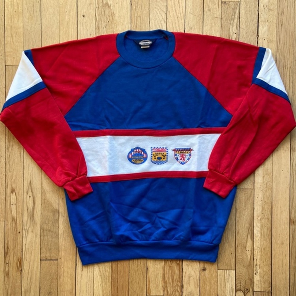 Vtg 80s European Rugby Crewneck Size XL Towncraft Made In‎ USA Red White Blue